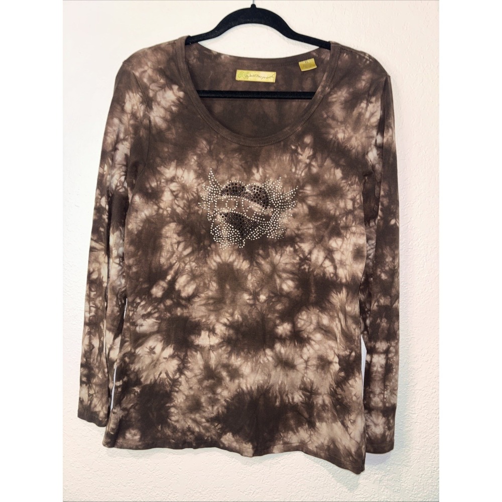 Weatherproof Size XL Brown Tie Dye Shirt Top Bedazzled Heart Love Y2k